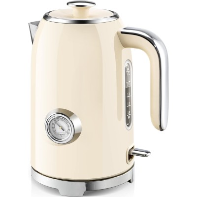 Electric Kettle - 57oz Hot Tea Kettle Water Boiler with Thermometer, 1500W Fast Heating Stainless Steel Tea Pot, Cordless with LED Indicator, Auto Shut-Off & Boil Dry Protection, Beige