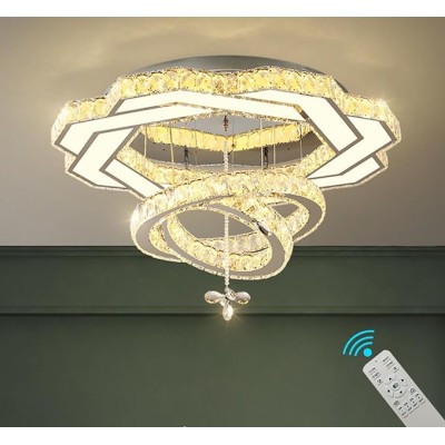 W48 Modern Large Chandeliers Flush Mount Big 3 Rings High Ceiling Chandeliers Fixtures,Elegant Crystal Chandelier for Bedroom,Living Room,Dining Room,Hallway Entrance LED Dimmable 2700K-4500K-6000K